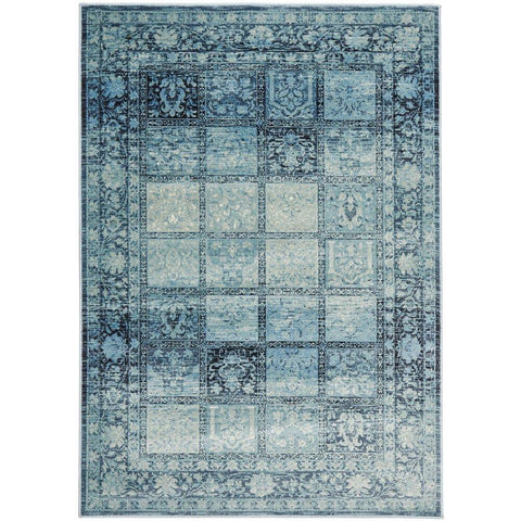 Denzel Blue Grey Beige Patchwork Pattern With Floral Motif Border Rug - Rugs Of Beauty - 1