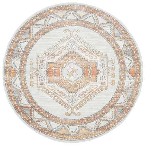 Bergen 1431 Peach Natural White Silver Transitional Medallion Patterned Round Rug - Rugs Of Beauty - 1