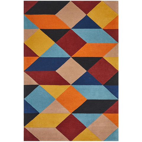 Lecce 1325 Rust Blue Navy Multi Colour Geometric Pattern Wool Rug - Rugs Of Beauty - 1