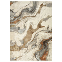 Tanami rug with tan, cream, gray, and rust abstract marble-inspired swirls and textured geometric details.