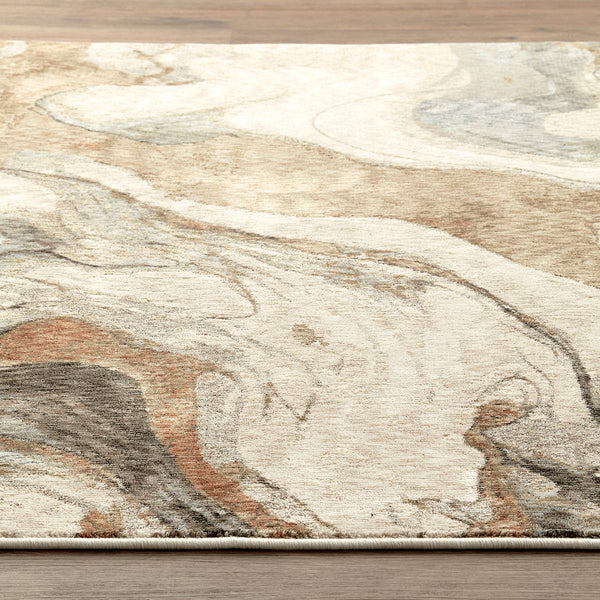 Close-up of modern abstract rug with swirling tan, beige, gray, and muted red marble-inspired patterns on a soft textured.