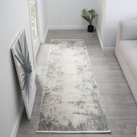 Long rectangular rug on a wooden floor with a plant and wall art in the background