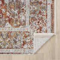 Patterned rug with a mix of colors on a wooden floor