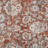 Close-up of a patterned rug with red, beige, and brown colors.