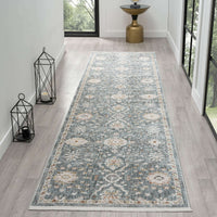 Blue runner rug with intricate floral and geometric patterns in beige and gray tones.