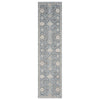 Blue transitional runner rug with intricate floral pattern and cream accents.