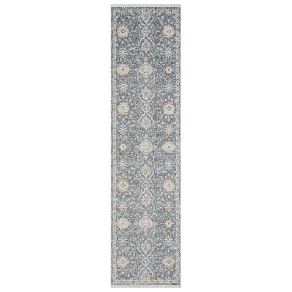 Blue transitional runner rug with intricate floral pattern and cream accents.