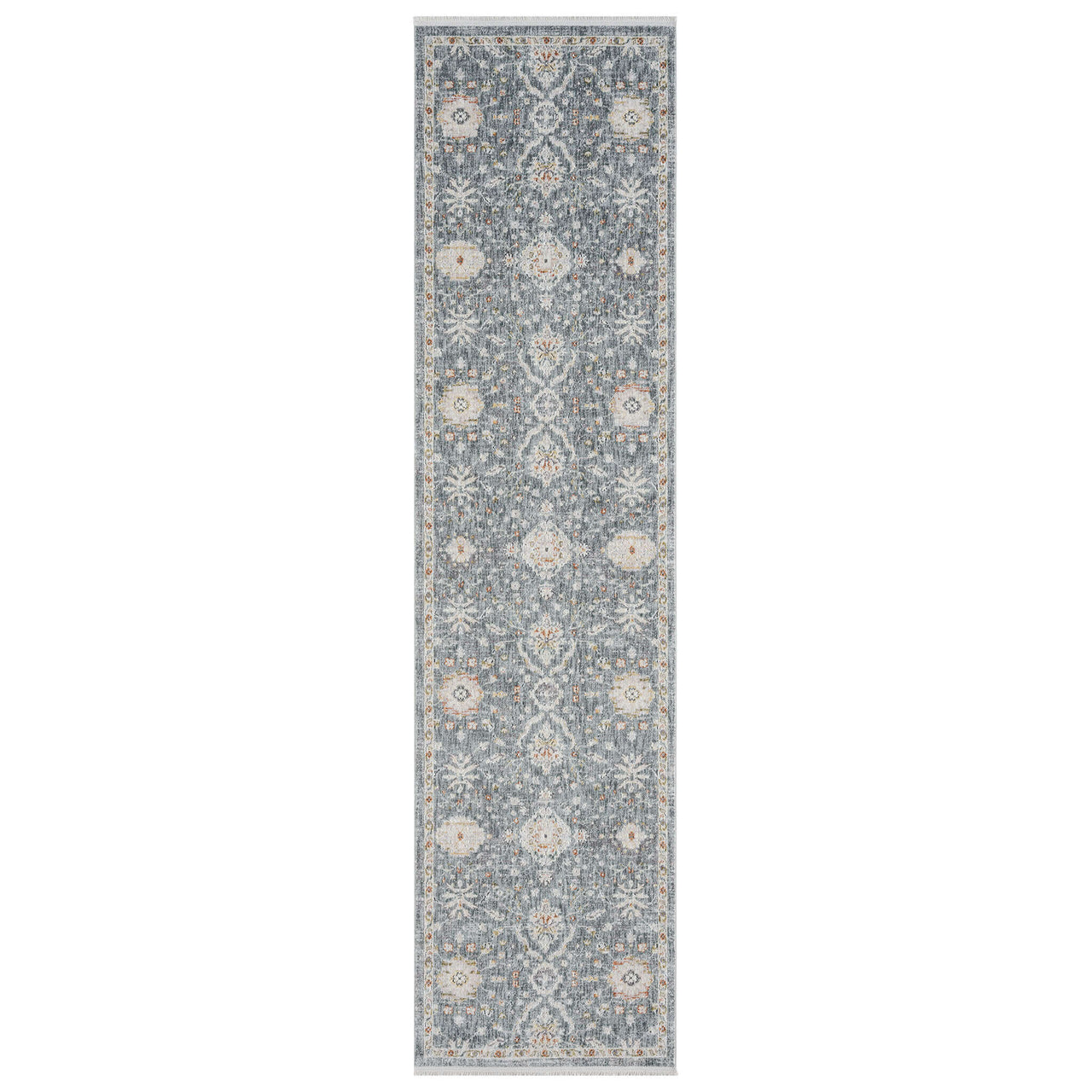 Blue transitional runner rug with intricate floral pattern and cream accents.