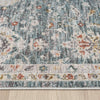 Blue runner rug with floral and abstract patterns in beige, rust, and green tones, featuring a decorative border.