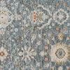 Blue multi-colored transitional rug with floral and geometric patterns in cream, rust, and gold tones.