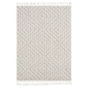 Grey geometric textured modern rug with tassels on both ends and woven pattern.