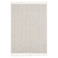 Grey geometric textured modern rug with tassels on both ends and woven pattern.