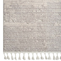 Grey geometric textured rug with a soft pile and white tassels on one edge.