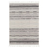 Grey geometric textured rug with horizontal abstract patterns and tassels on short edges.