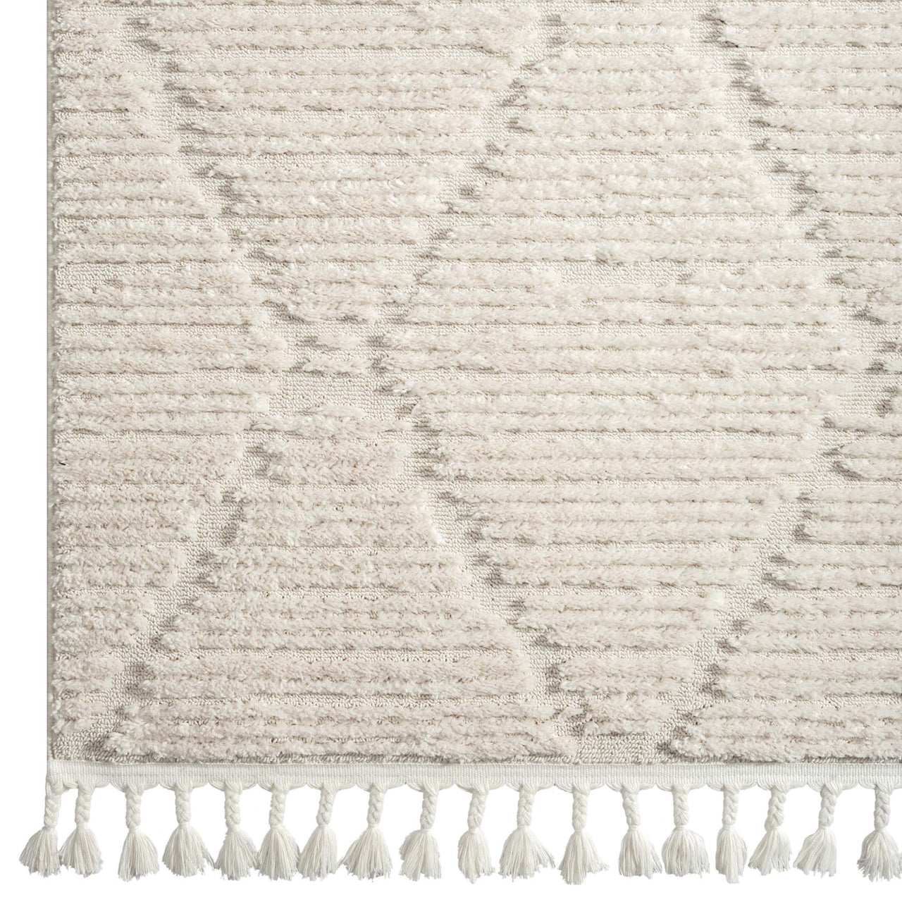 Beige geometric textured runner rug with diamond pattern and white tassels on edges.