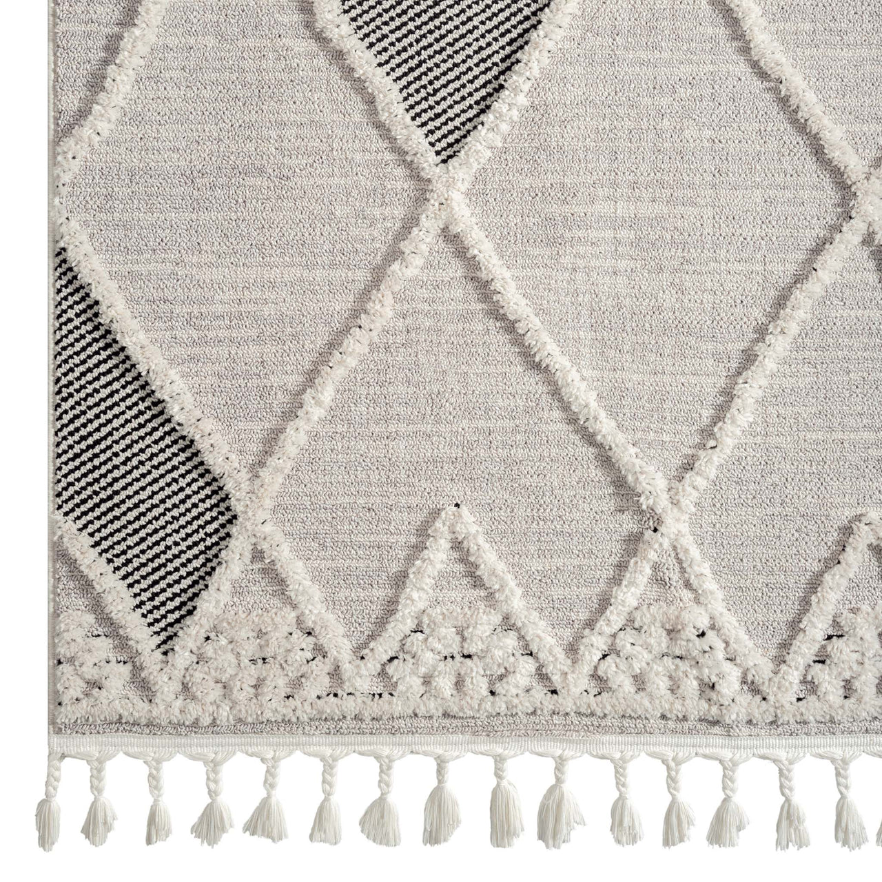 Grey runner rug with textured diamond geometric pattern and white tassels on edges.