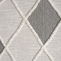 Grey runner rug with textured diamond pattern and contrasting black striped diamond shapes.