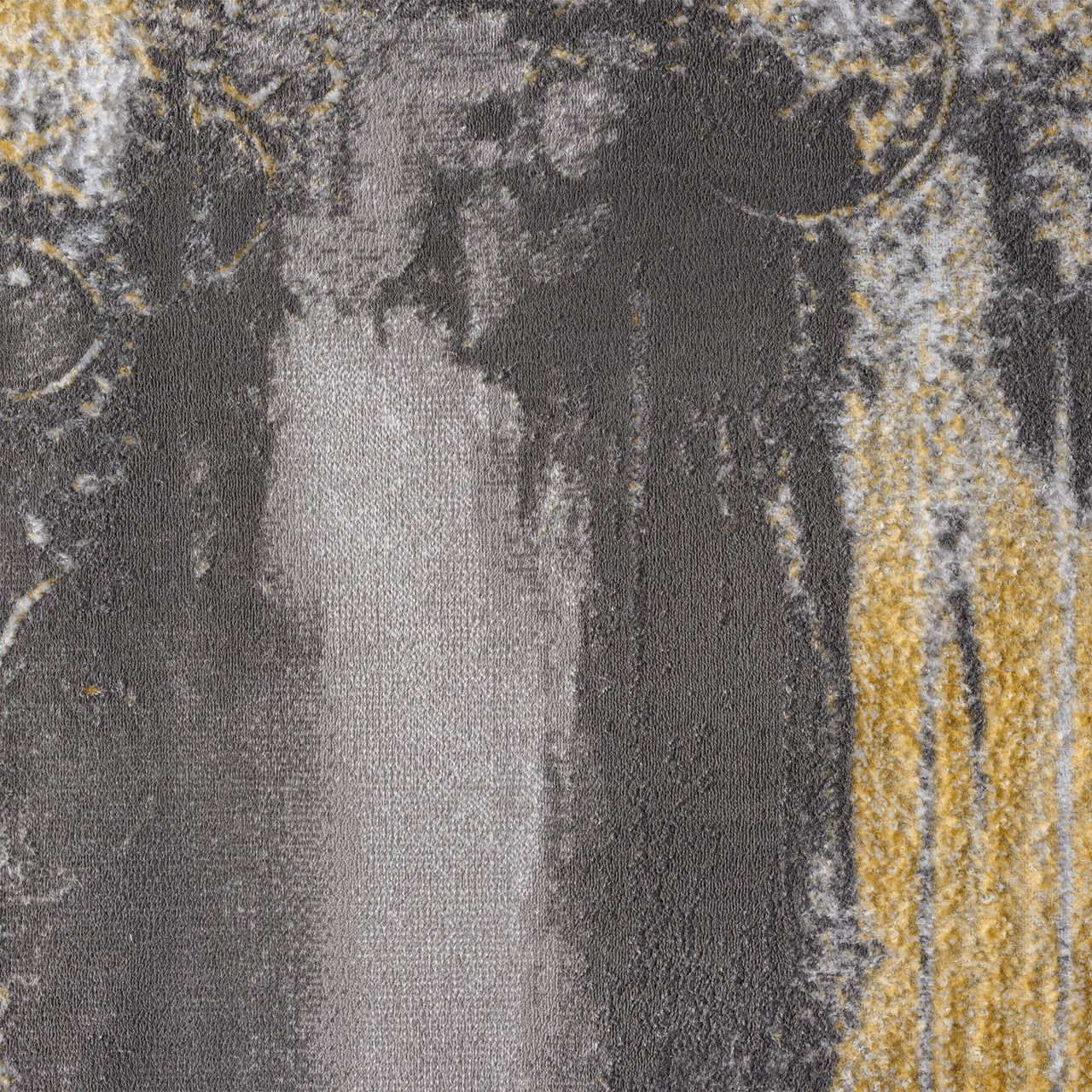 Grey runner rug with abstract pattern in gold and charcoal accents, modern woven design.