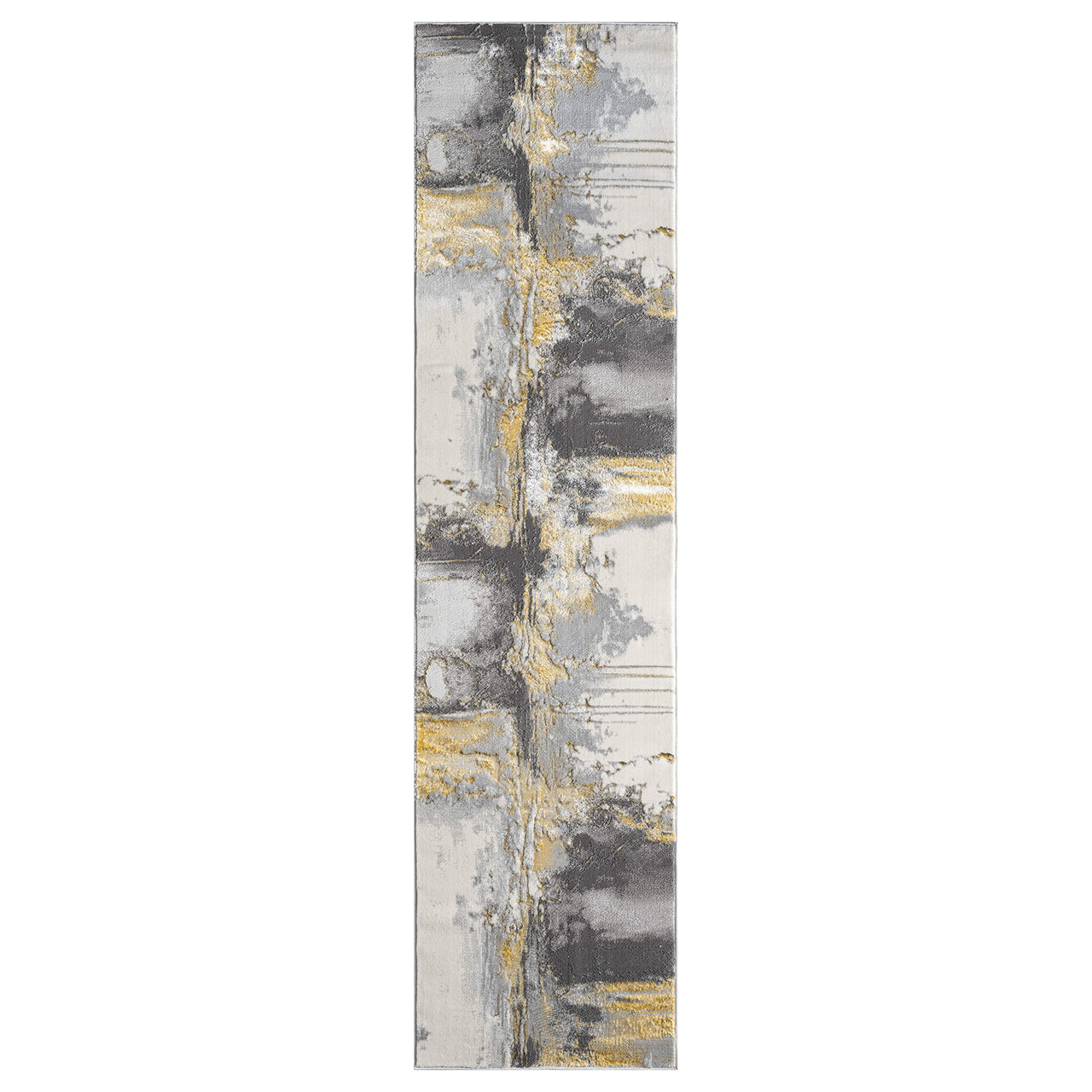 Long grey runner rug with abstract pattern in black, white, and gold accents.
