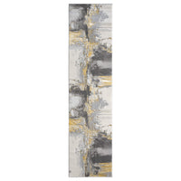 Long grey runner rug with abstract pattern in black, white, and gold accents.