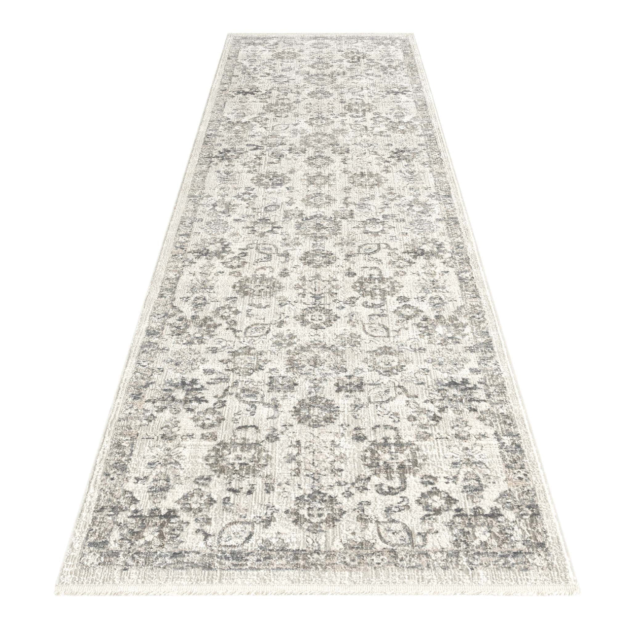 Modern cream and grey runner rug with intricate floral and geometric pattern and fringed edges.