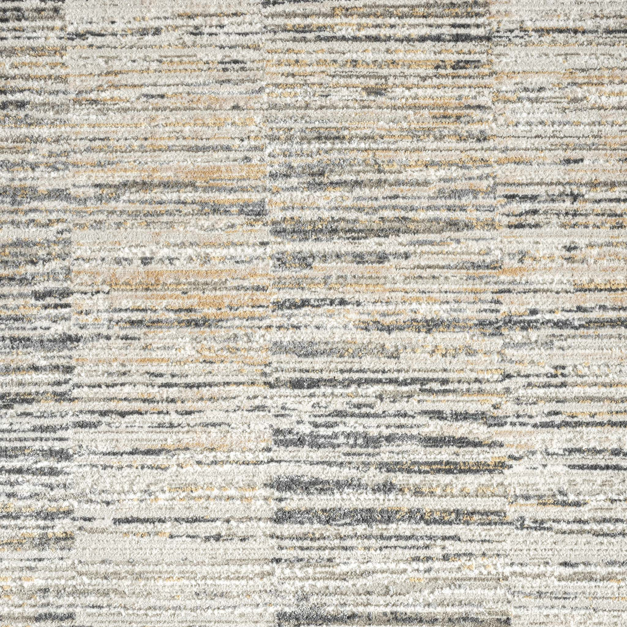 Neutral-toned runner rug with subtle horizontal stripe pattern in beige, gray, and cream hues.