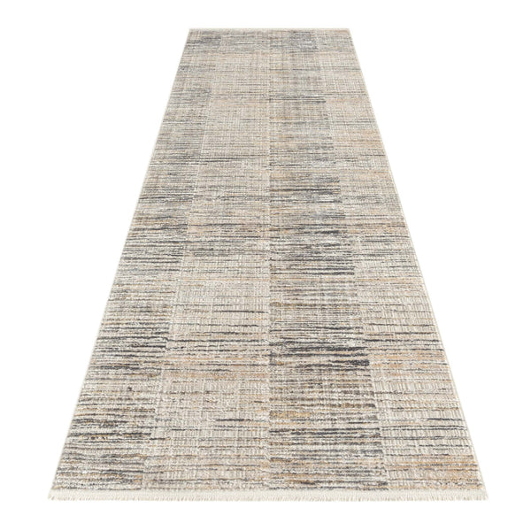 Long modern runner rug with neutral beige, gray, and cream geometric pattern and subtle texture.