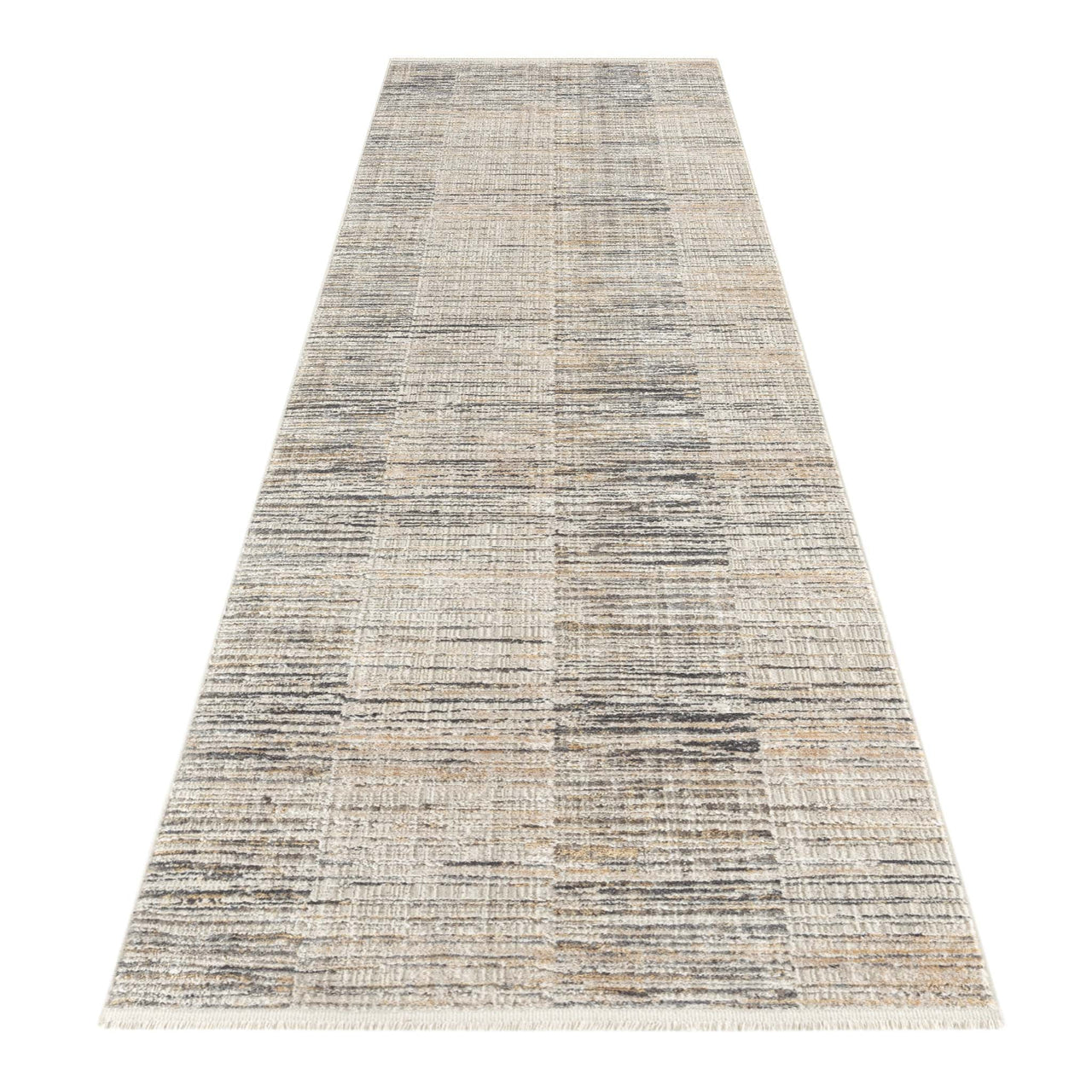 Long modern runner rug with neutral beige, gray, and cream geometric pattern and subtle texture.