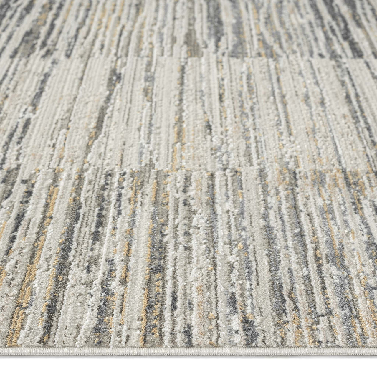 Modern runner rug with textured neutral tones and irregular vertical stripe pattern.