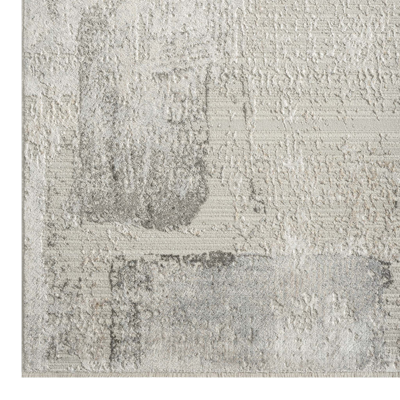 Modern runner rug with abstract neutral tones and textured light gray pattern.