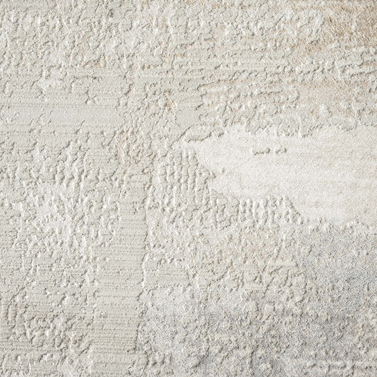 Light neutral runner rug with abstract textured pattern and subtle tonal variations.