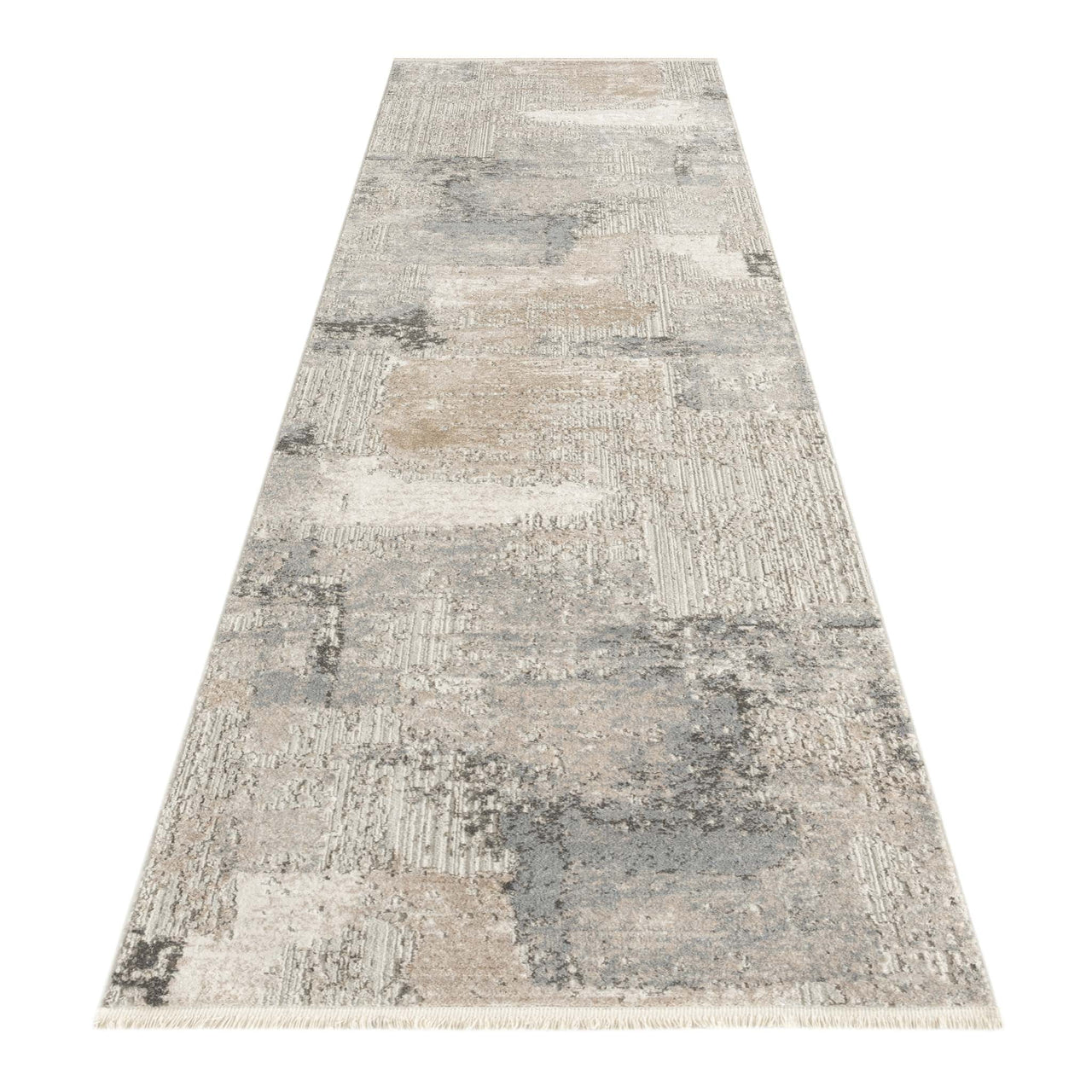 Neutral-toned abstract patterned runner rug with textured light gray, beige, and cream design.