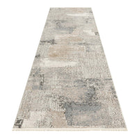 Neutral-toned abstract patterned runner rug with textured light gray, beige, and cream design.