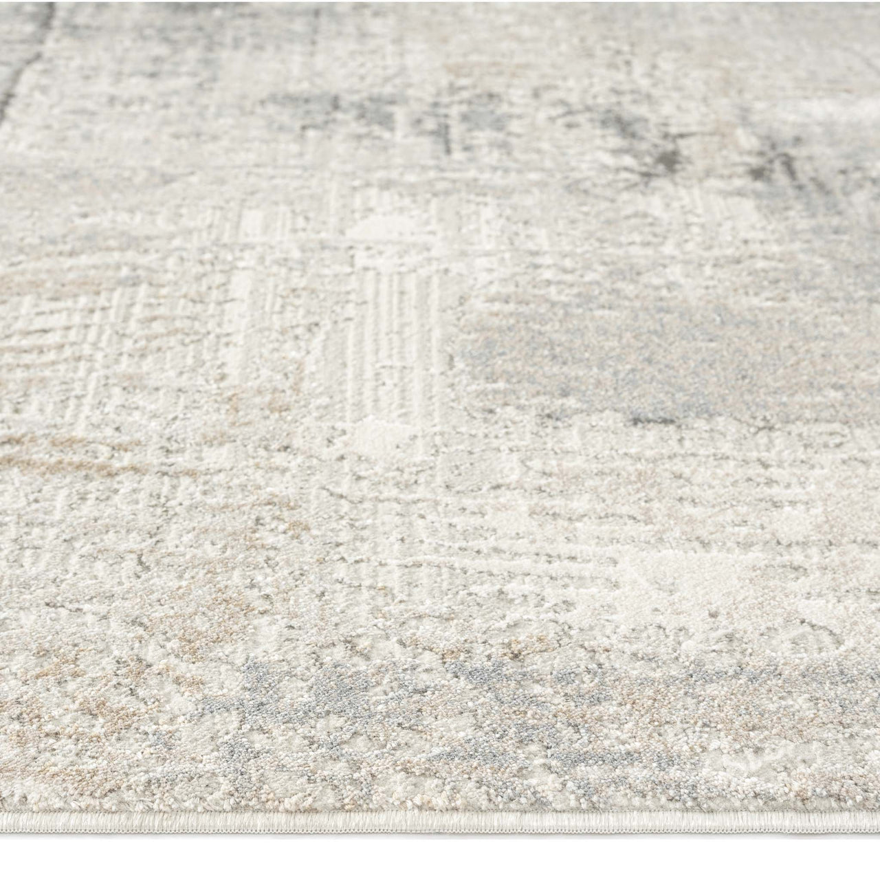 Modern runner rug with abstract neutral pattern in shades of beige, cream, and light gray.