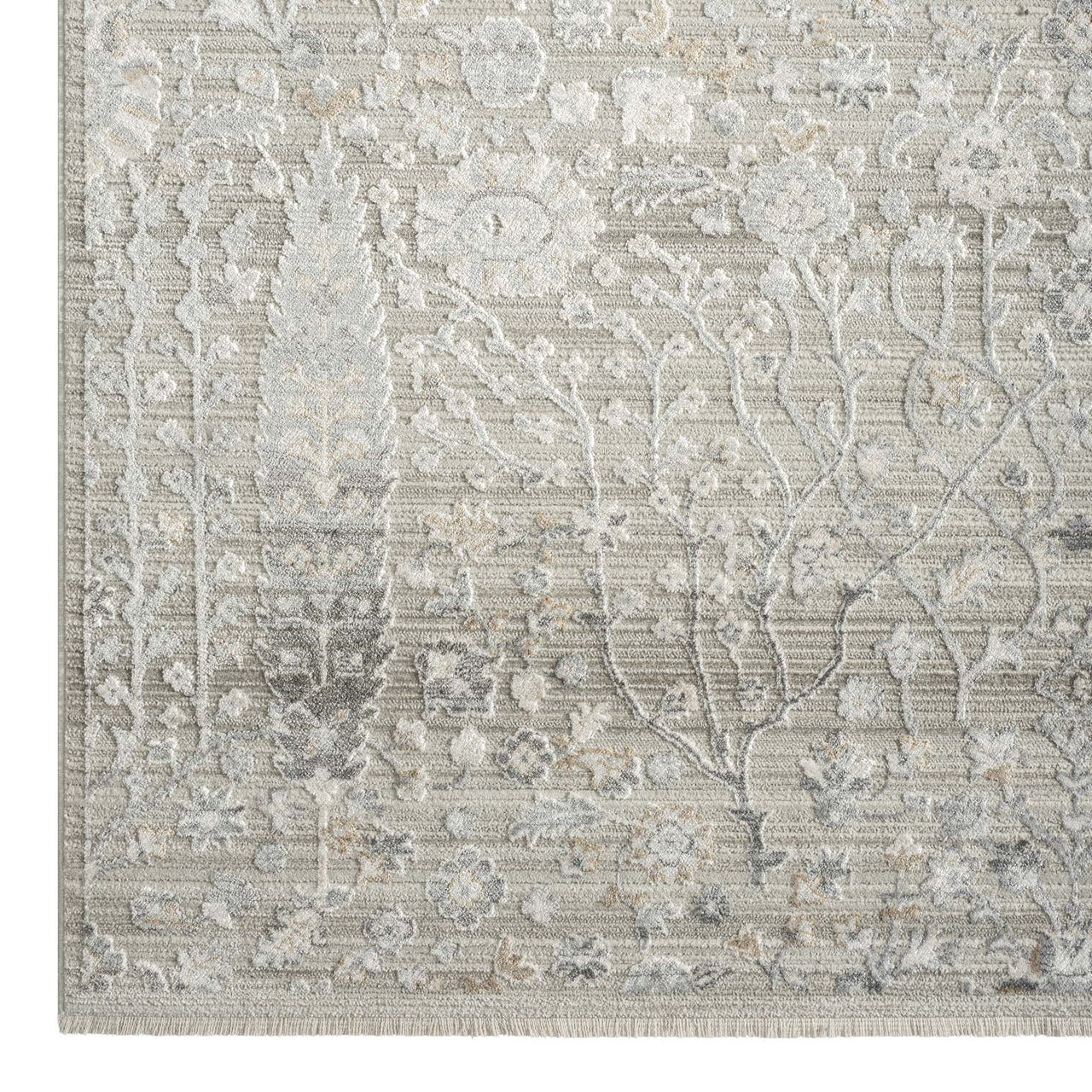 Neutral-toned rug with subtle floral pattern and textured woven details in soft gray and beige hues.