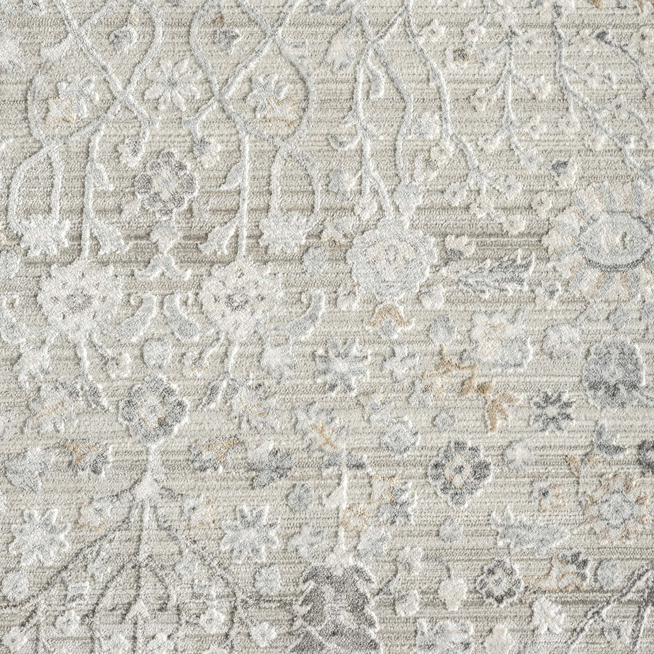 Neutral-toned runner rug with a subtle floral pattern and textured woven design.