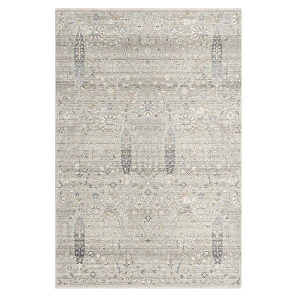 Modern neutral floral patterned rug in soft beige and gray tones with subtle intricate motifs.