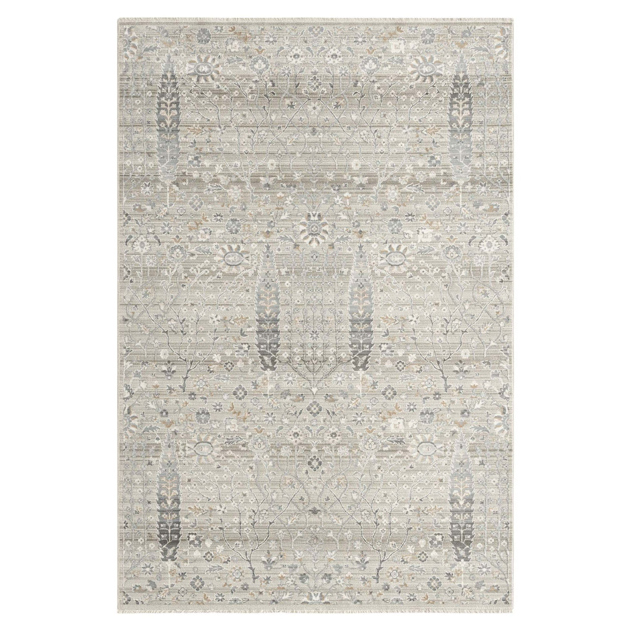 Modern neutral floral patterned rug in soft beige and gray tones with subtle intricate motifs.