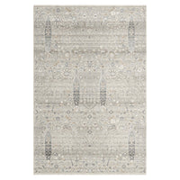 Modern neutral floral patterned rug in soft beige and gray tones with subtle intricate motifs.