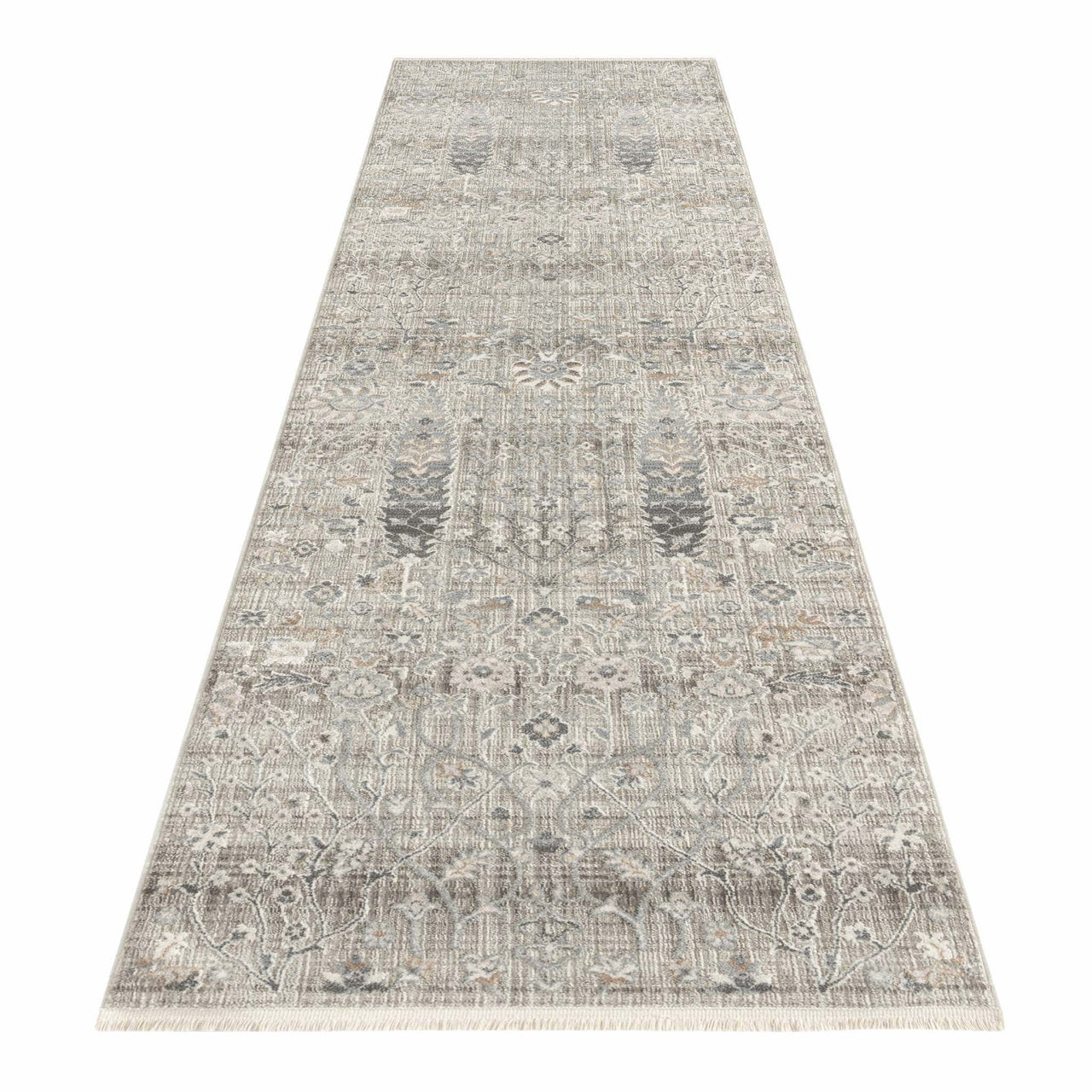Long neutral-toned runner rug with intricate modern floral and geometric patterns in soft grays and beiges.