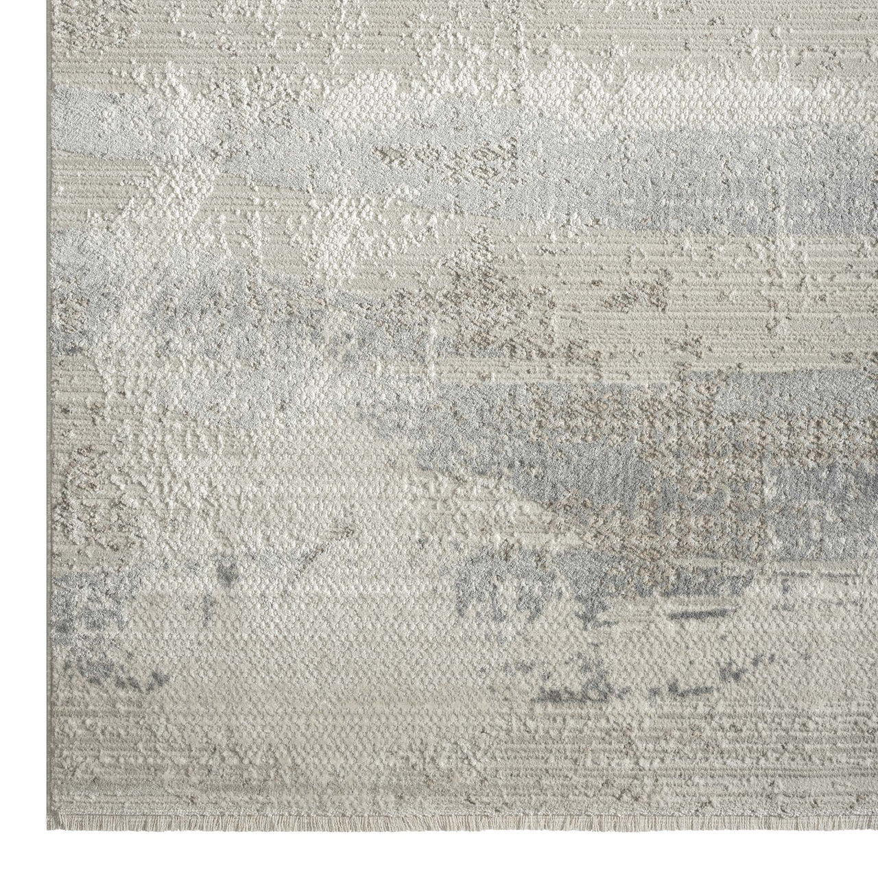 Neutral-toned modern runner rug with textured abstract pattern in beige and gray hues.
