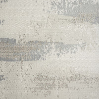 Light neutral runner rug with abstract modern pattern in shades of gray and beige, flat woven texture.