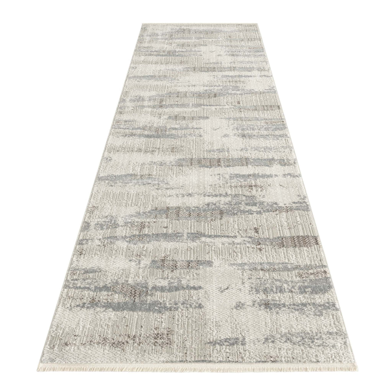 Neutral-toned modern runner rug with abstract light gray and beige pattern.
