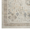 Light neutral modern patterned runner rug with intricate geometric and floral motifs in gray and beige tones.