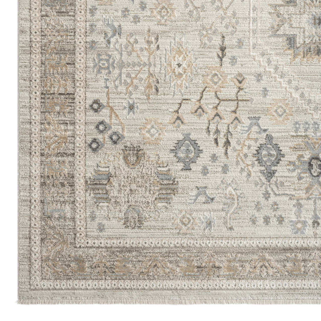 Light neutral modern patterned runner rug with intricate geometric and floral motifs in gray and beige tones.