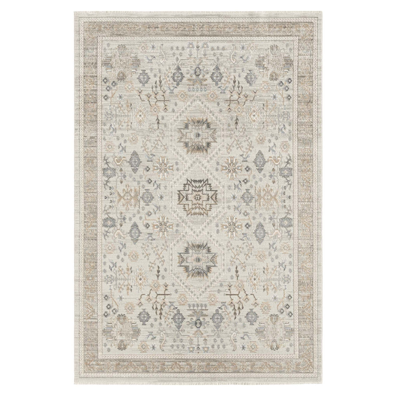 Light neutral rug with intricate modern geometric and floral patterns in beige and gray tones.