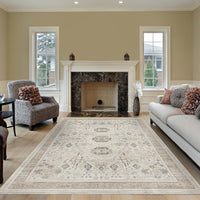 Light neutral patterned rug with intricate medallion design in a modern living room setting.