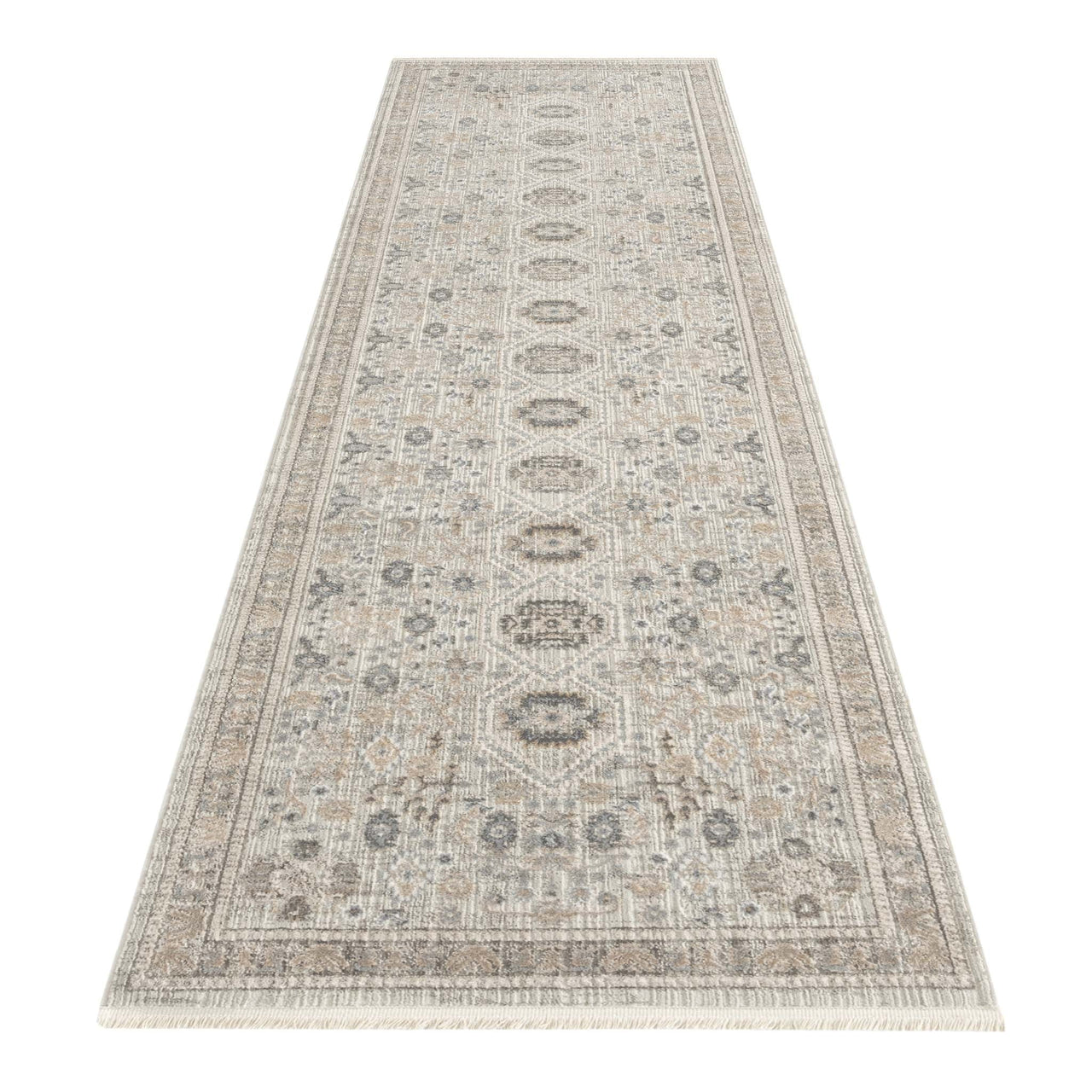 Neutral-toned runner rug with intricate geometric and floral patterns in soft beige and gray shades.