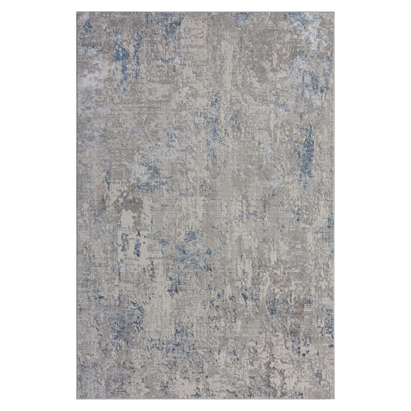 Grey blue multi-color patterned modern rug with distressed abstract design.