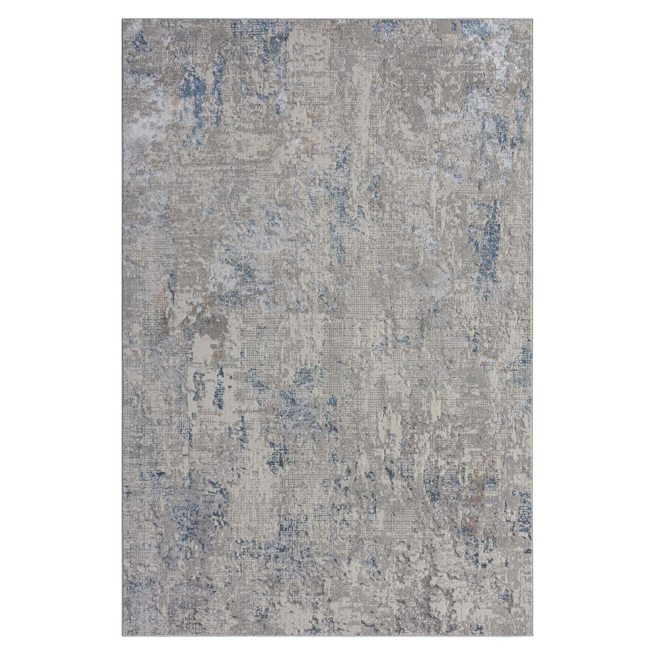 Grey blue multi-color patterned modern rug with distressed abstract design.